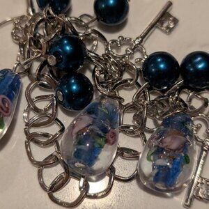 Pretty Vintage Blue Glass Murano Bracelet with Key Charms, Earrings and Ring Set